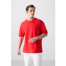 Tommy Life 88339 Kırmızı Fiesta Pamuklu Kalın Yüzeyi Dokulu Oversize Fit Basic Erkek T-Shirt