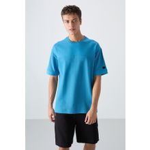 Tommy Life 88340 Petrol Mavi Pamuklu Kalın Yüzeyi Dokulu Oversize Fit Basic Erkek T-Shirt