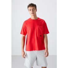 Tommy Life 88341 Kırmızı Fiesta Pamuklu Kalın Yüzeyi Dokulu Oversize Fit Basic Erkek T-Shirt