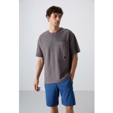 Tommy Life 88341 Koyu Gri Pamuklu Kalın Yüzeyi Dokulu Oversize Fit Basic Erkek T-Shirt