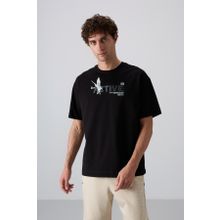 Tommy Life 88344 Siyah Pamuklu Kalin Yumusak Dokulu Oversize Fit Baskili Erkek T-Shirt