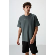 Tommy Life 88364 Haki Pamuklu Kalın Yüzeyi Dokulu Oversize Fit Baskılı Erkek T-Shirt