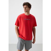 Tommy Life 88365 Kırmızı Fiesta Pamuklu Kalın Yüzeyi Dokulu Oversize Fit Baskılı Erkek T-Shirt