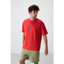 Tommy Life 88366 Kırmızı Fiesta Pamuklu Kalın Yüzeyi Dokulu Oversize Fit Baskılı Erkek T-Shirt