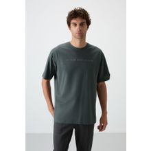 Tommy Life 88371 Haki Pamuklu Kalın Yüzeyi Dokulu Oversize Fit Baskılı Erkek T-Shirt