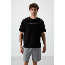 Tommy Life 88371 Siyah Pamuklu Kalın Yüzeyi Dokulu Oversize Fit Baskılı Erkek T-Shirt