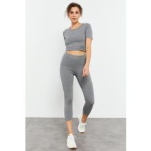 Tommy Life 95285 Gri Melanj Yüksek Bel Kapri-Crop T-Shirt Slim Fit Kadın Tayt Takımı