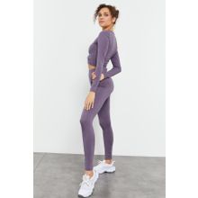 Tommy Life 95286 Eflatun Yüksek Bel Uzun Kollu Slim Fit Crop Top Kadın Tayt Takım