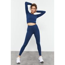 Tommy Life 95286 İndigo Yüksek Bel Uzun Kollu Slim Fit Crop Top Kadın Tayt Takım