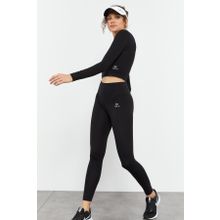 Tommy Life 95286 Siyah Kadın Yüksek Bel Uzun Kollu Slim Fit Crop Top Tayt Takım