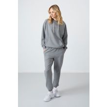 Tommy Life 95288 Gri Melanj Kapüşonlu Kanguru Cep Oversize Lastik Paça Kadın Eşofman Takımı