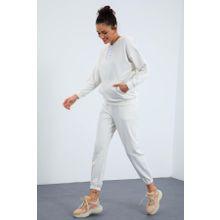 Tommy Life 95288 Kapüşonlu Kanguru Cep Oversize Lastik Paça Ekru Kadın Eşofman Takımı