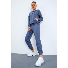 Tommy Life 95288 Kapüşonlu Kanguru Cep Oversize Lastik Paça Petrol Kadın Eşofman Takımı