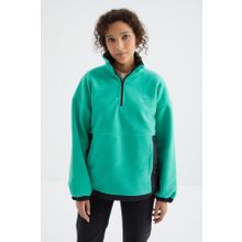 Tommy Life 97236 Deniz Yeşili Yarım Fermuar Etek Ucu Büzgülü Dik Yaka Oversize Kadın Polar Sweatshirt