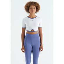 Tommy Life 97266 Beyaz Bel Bağlama Detaylı O Yaka Standart Kalıp Dalgıç Kumaş Kadın Crop T-Shirt
