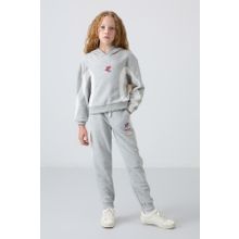TOMMY LIFE Gri Melanj Pamuklu İçi Tüylü Yumuşak Dokulu Standart Fit Baskılı Kız Çocuk Eşofman Takım - 75166