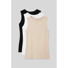 TOMMY LIFE Slim Fit Basic O Yaka 3lü Paket Siyah-Beyaz-Bej Kadın Atlet - 97313