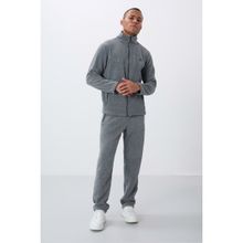 Tommylife 85193 Gri Melanj Dik Yaka Basic Fermuar Cepli Standart Kalıp Erkek Polar Eşofman Takımı