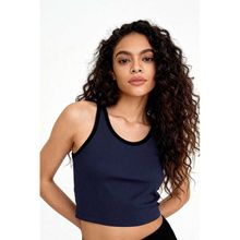 Tommylife 97160 İndigo Basic Sıfır Kol Dar Kalıp U Yaka Kadın Crop Top Atlet