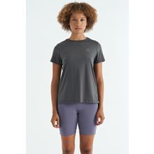 Tommylife 97267 Koyu Gri Sırt Yırtmaç Detaylı O Yaka Kısa Kollu Standart Kalıp Kadın T-Shirt