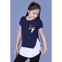 Toontoy Kids Kız Çocuk Göğsü Cepli Pul Nakışlı Tunik - 14 Yaş - Lacivert