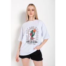 Trendseninle Arizona Baskılı Beyaz Oversize Kadın T-shirt