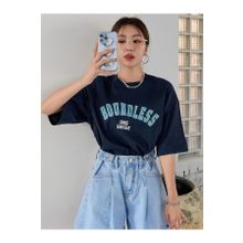 Trendseninle Boundless Baskılı Lacivert Oversize Kadın T-shirt