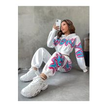 Trendseninle Brooklyn Baskılı Oversize Beyaz Alt Üst Crop Kadın Eşofman Takımı