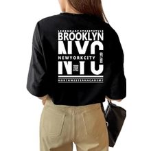 Trendseninle Brooklyn Nyc Baskılı Siyah Rahat Kesim Oversize Kadın T-shirt