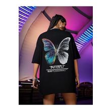 Trendseninle Butterfly Siyah Ön Arka Baskılı Oversize Kadın T-shirt