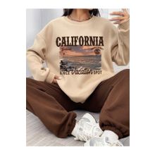 Trendseninle California Seaside Baskılı Bej Oversize Alt Üst Kadın Eşofman Takımı