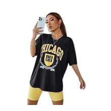 Trendseninle Chicago 1980 Baskılı Siyah Oversize Kadın T-shirt