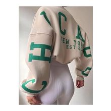 Trendseninle Chicago Baskılı Bej Kolları Oversize Bisiklet Yaka Kadın Sweatshirt