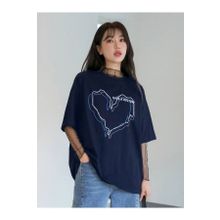 Trendseninle Çizgili Figür Kalp Lacivert Have A Holiday Baskılı Koyu Lacivert Kadın T-shirt