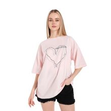 Trendseninle Çizgili Figür Kalp Pudra Pembe Have A Holiday Baskılı Pudra Pembe Kadın T-shirt