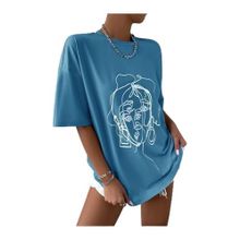 Trendseninle Çizgili Figür Oversize İndigo Oversize Kadın T-shirt