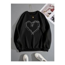 Trendseninle Çizgili Kalp Baskılı Siyah Oversize Kadın Sweatshirt