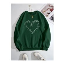 Trendseninle Çizgili Kalp Baskılı Yeşil Oversize Kadın Sweatshirt