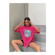 Trendseninle Deniz Kızı Baskılı Fuşya Pembe Oversize Kadın T-shirt