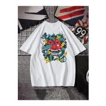 Trendseninle Devil Sırt Baskılı Beyaz Kırmızı Oversize Erkek T-shirt