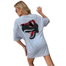 Trendseninle Dinazor Sırt Baskılı Gri Oversize Kadın T-shirt