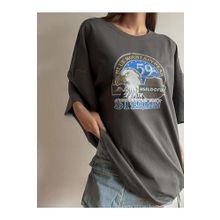 Trendseninle Eagle Stermn Baskılı Füme Oversize Kadın T-shirt