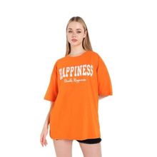 Trendseninle Happıness Baskılı Turuncu Oversize Kadın T-shirt