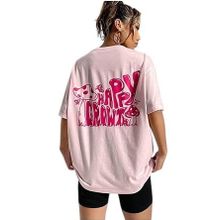 Trendseninle Happy Crowt Baskılı Pudra Pembe Oversize Kadın T-shirt