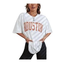 Trendseninle Houston Baskılı Oversize Beyaz Oversize Kadın T-shirt