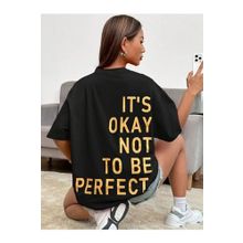 Trendseninle Its Okay Baskılı Siyah Oversize Kadın T-shirt