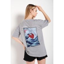 Trendseninle Japanese Sırt Baskılı Gri Oversize Kadın T-shirt