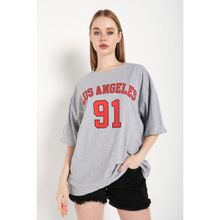 Trendseninle Los Angeles 91 Baskılı Gri Gri Oversize Kadın T-shirt