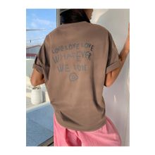 Trendseninle Love Love Love Baskılı Kahverengi Oversize Kadın T-shirt