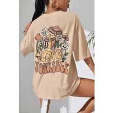 Trendseninle Love Yourself Baskılı Bej Oversize Kadın T-shirt